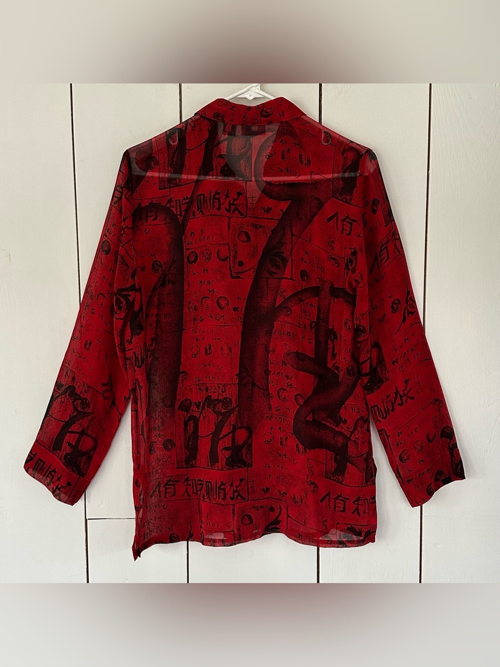 VTG 90s Y2K Sheer Silk Top Sz M Calligraphy Asian Inspired Burgundy Red Black - Picture 2 of 11